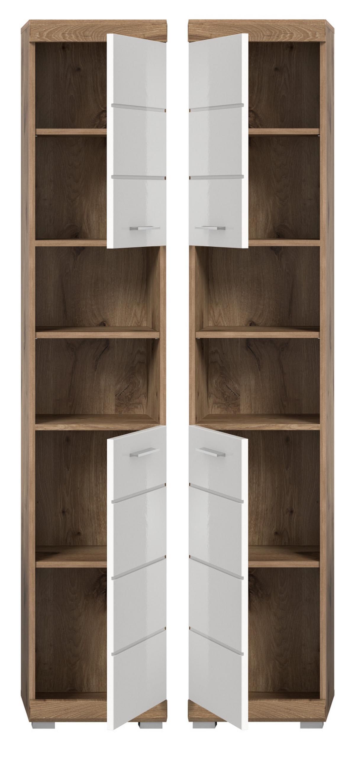 HOCHSCHRANK weiß Hochglanz, Eiche 37 x 191 cm, Badschrank mit 6 Fächern - Chromfarben/Weiß Hochglanz, Holzwerkstoff/Kunststoff (37/191/31cm) - Inn.Furn