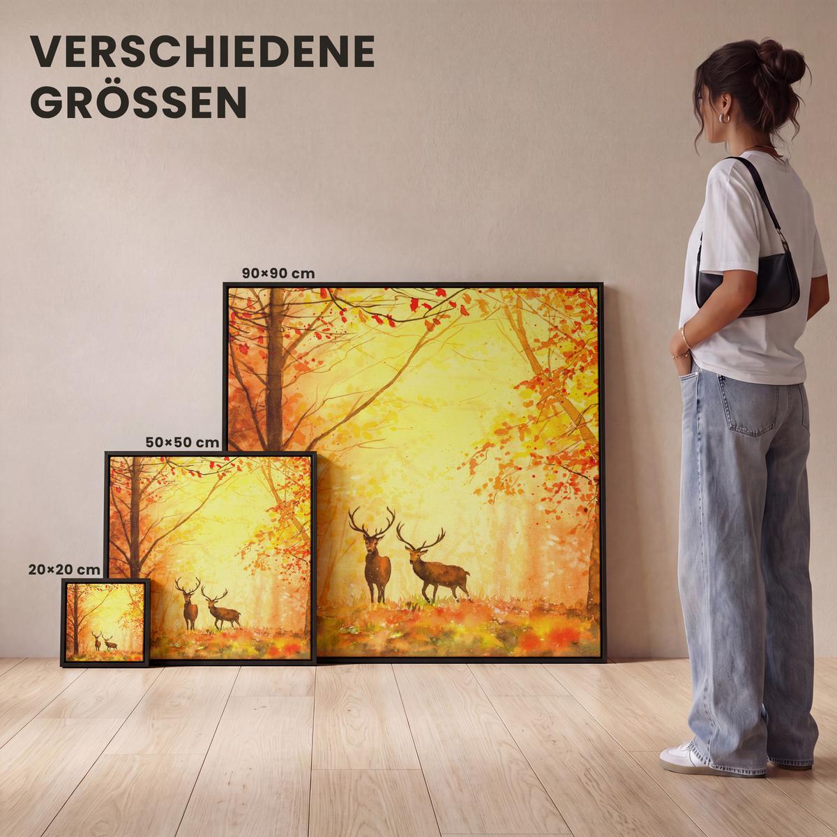 LEINWAND Bilder mit Rahmen - Natur - Ölfarbe - Hirsche - Tiere - Herbst - Orange - 50x50 - Orange, Textil (50/50cm) - MuchoWow