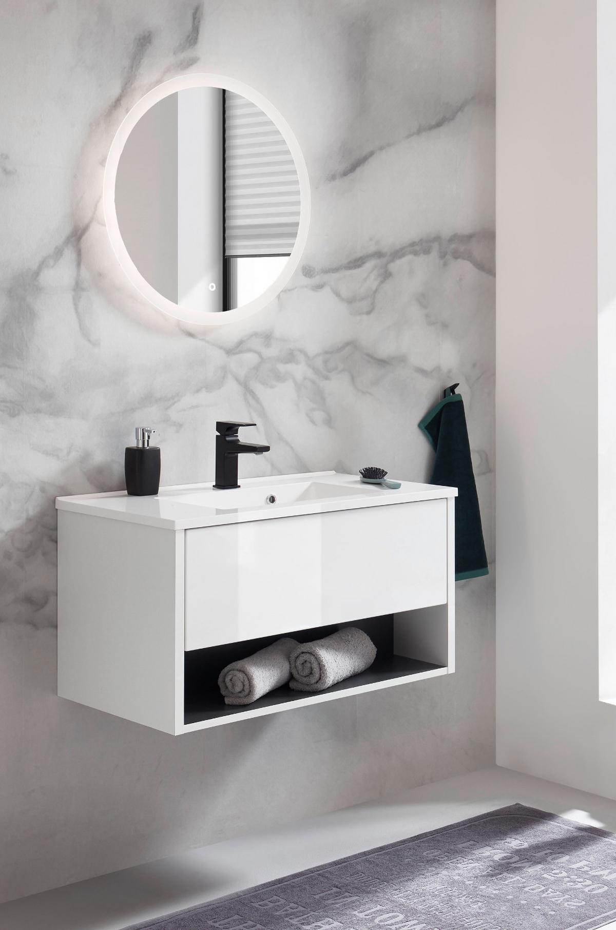 BADMÖBEL-SET weiß Hochglanz, grau, Kombination mit Waschbecken und LED Beleuchtung 80 cm - Weiß Hochglanz/Grau, Glas/Holzwerkstoff (80/190/47cm) - Furn.Design