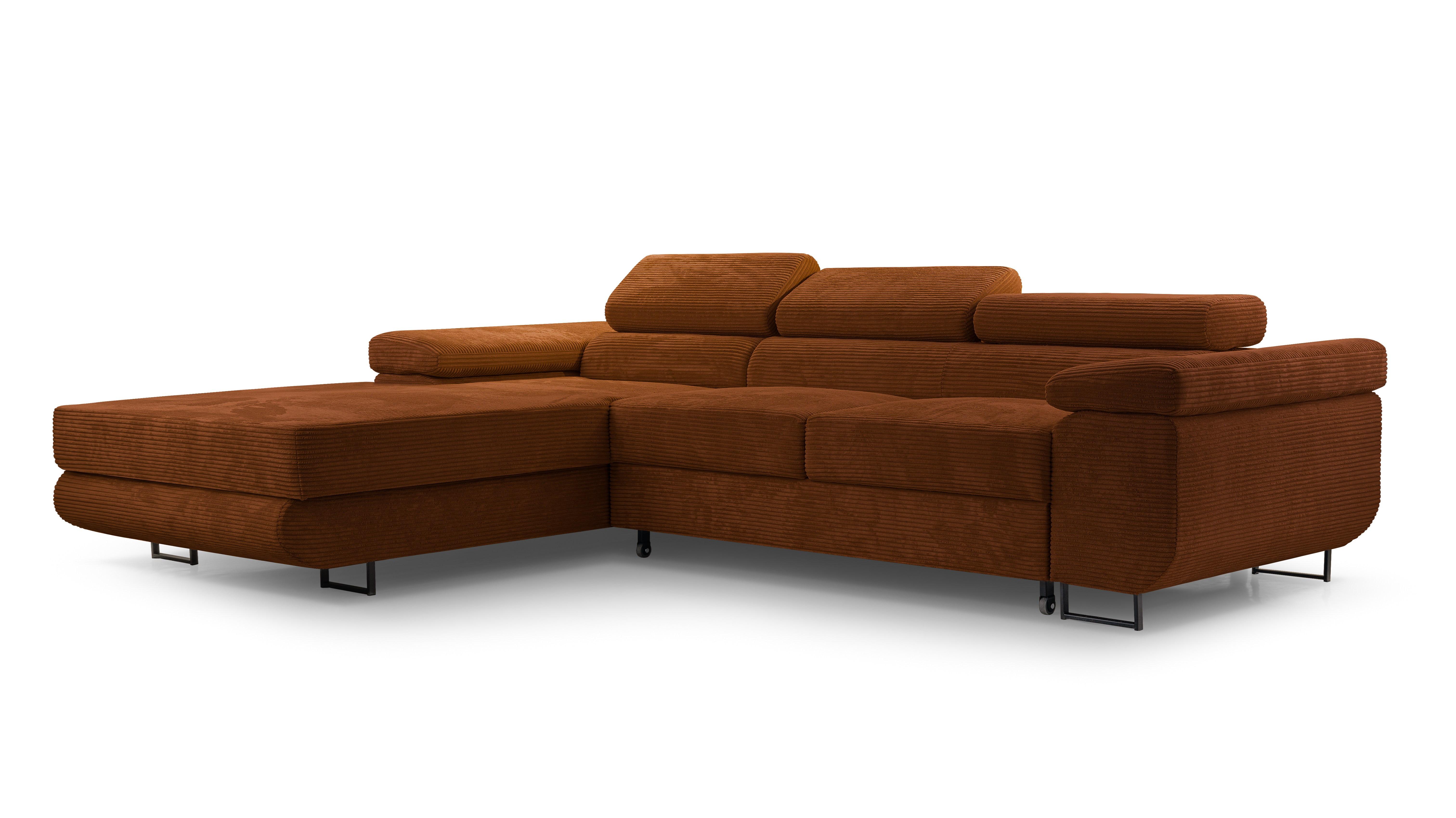 ECKSOFA GIULIO Orange Velours-Stoff mit Schlaffunktion - Orange, Holz (280/203cm) - MASSENO