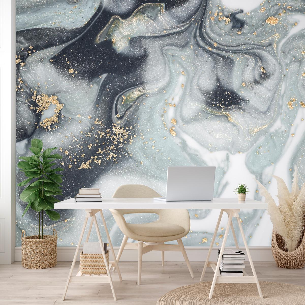 FOTOTAPETE für Badezimmer Luxus Grauer Marmor Muster Goldene Verzierungen 200x140 - Gelb/Weiß, Papier (200/140cm) - Muralo