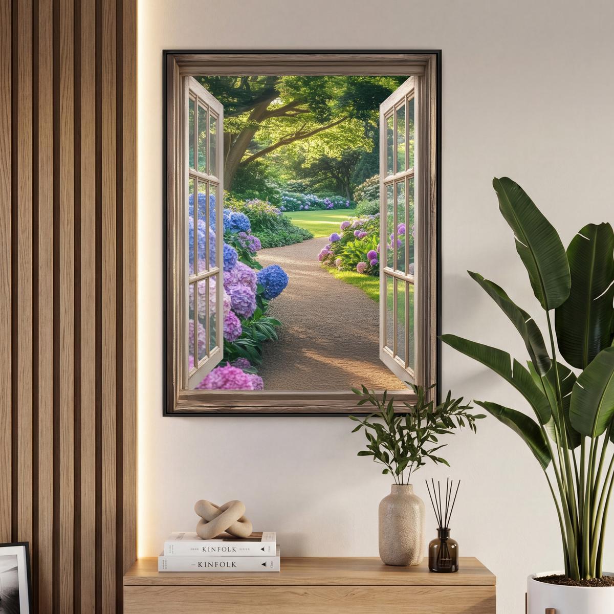 LEINWAND Bilder mit Rahmen - Aussicht - Garten - Fenster - Hortensie - Blumen - 70x100 - Pastellblau, Textil (70/100cm) - MuchoWow