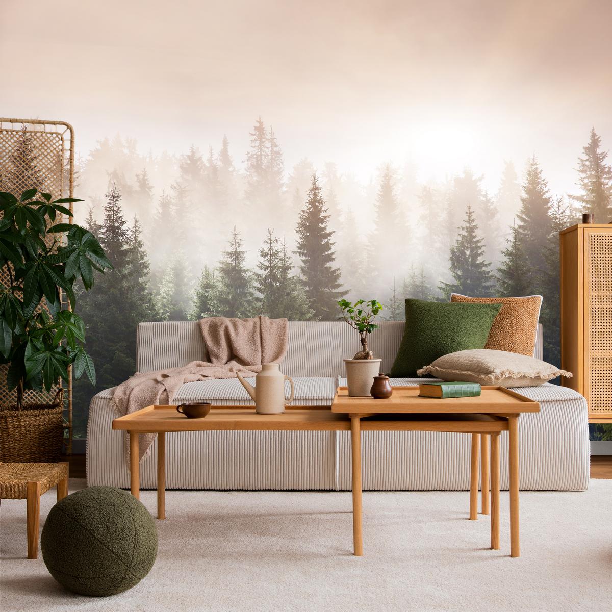 FOTOTAPETE für Wohnzimmer Nadelwald Bäume im Nebel Mystisch 450x315 - Orange/Braun, Papier (450/315cm) - Muralo