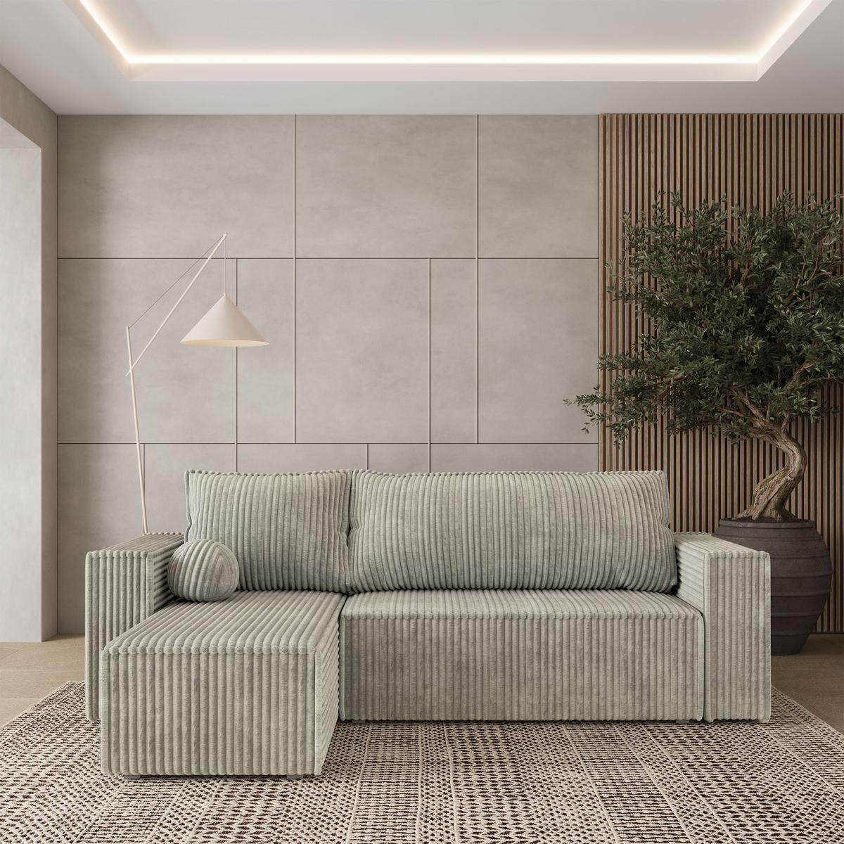 ECKSOFA RAVELO T Hellgrau Kordstoff mit Schlaffunktion - Hellgrau/Grau, Holz/Kunststoff (240/140cm) - MASSENO