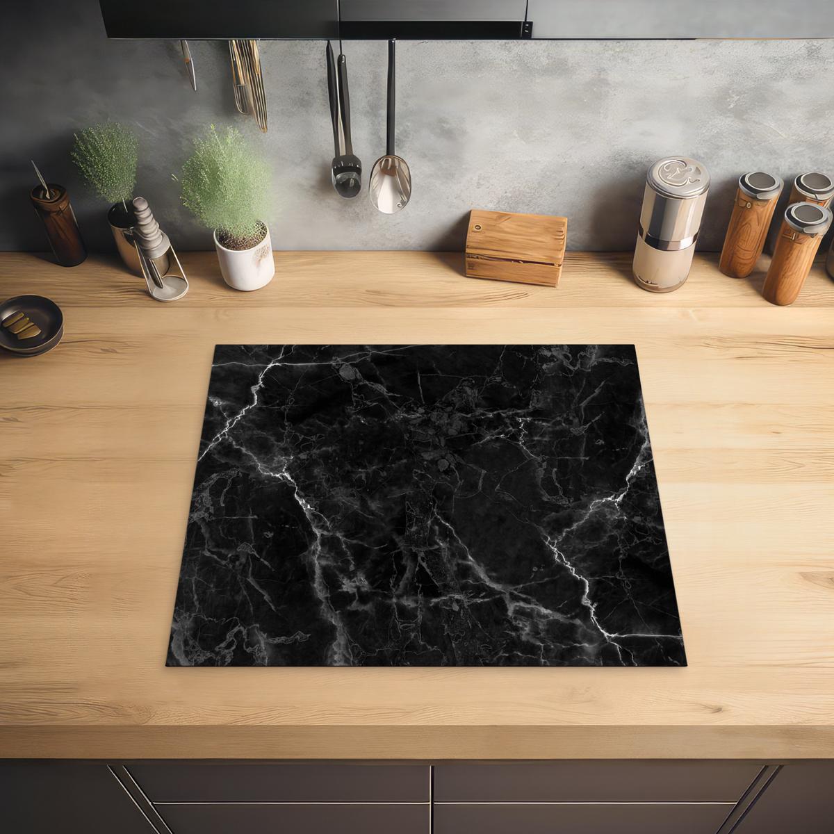 HERDABDECKPLATTE Marmor - Schwarz - Weiß - Textur - Marmoroptik Abdeckung Ceranfeld 59x51 cm - Silberfarben, Kunststoff (59/51/0.2cm) - MuchoWow