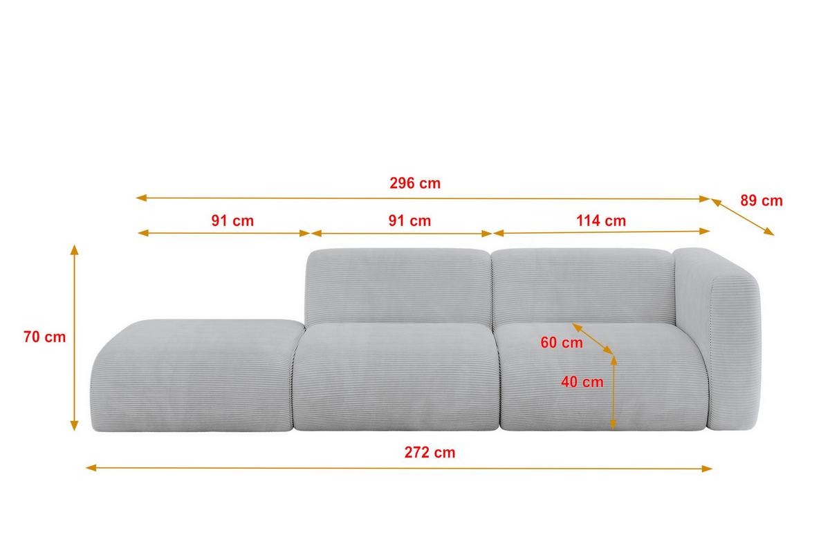 SOFA Ottomane Rechts MIRA-S3 296x89x70 Grau Cord - Blaugrau/Schwarz, Holzwerkstoff/Kunststoff (296/70/89cm) - ALTDECOR