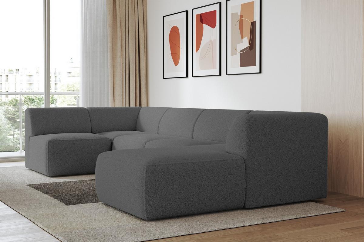 WOHNLANDSCHAFT Ottomane Rechts MOVO-L 345x180x78 cm Grau Bouclé - Chromfarben, Holzwerkstoff/Kunststoff (180/78/345cm) - ALTDECOR