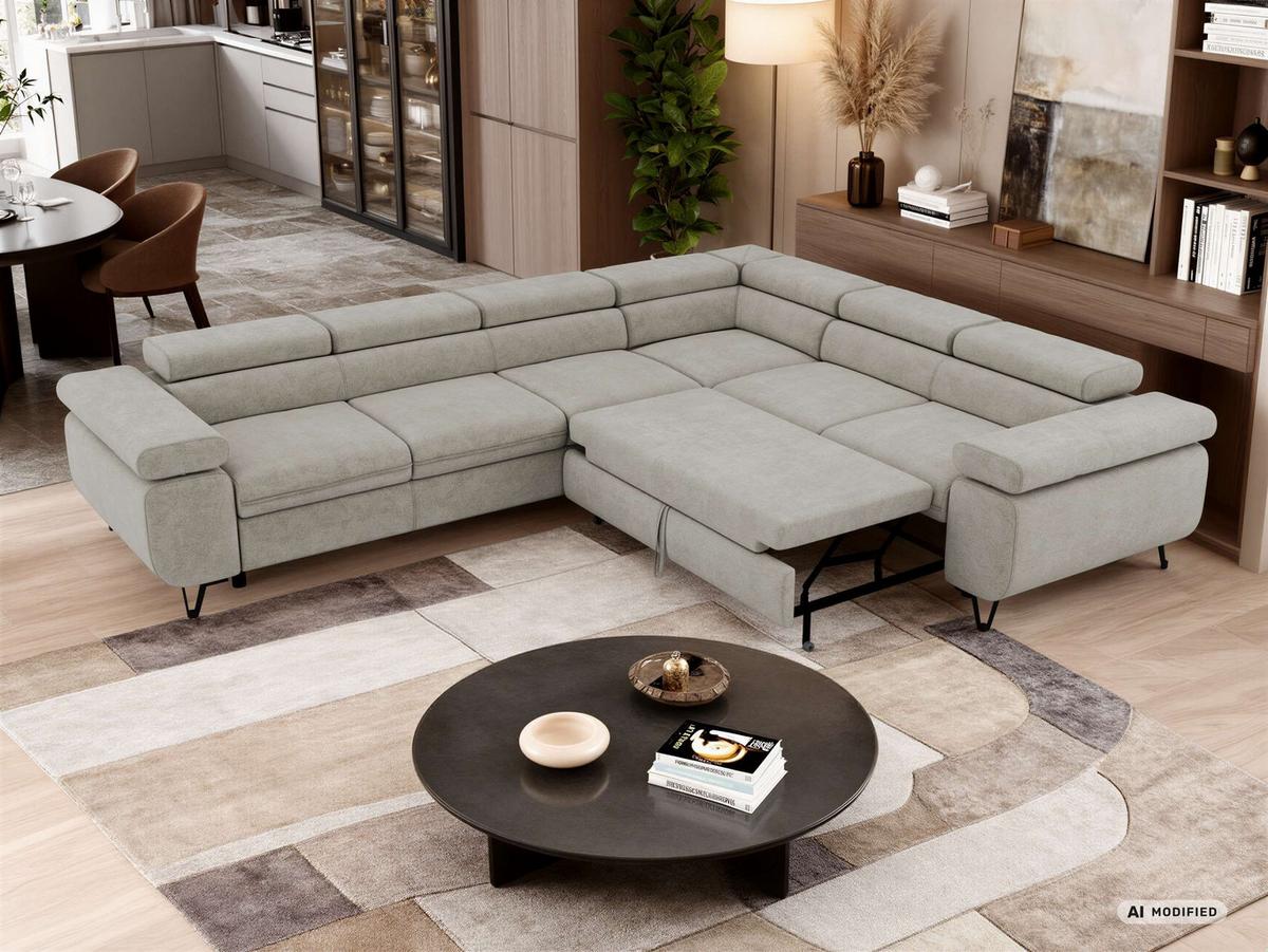 ECKSOFA NORDEN L - Hellgrau Stukture - Links Seite - Hellgrau/Schwarz, Textil/Metall (269/329cm) - MKS