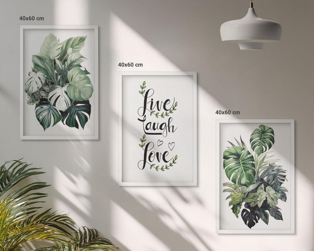 BILDER SET 3er Set - 40x60 cm Weißer Rahmen - Blattpflanzen leben, lachen, lieben - Weiß, Kunststoff (40/60cm) - TULUP