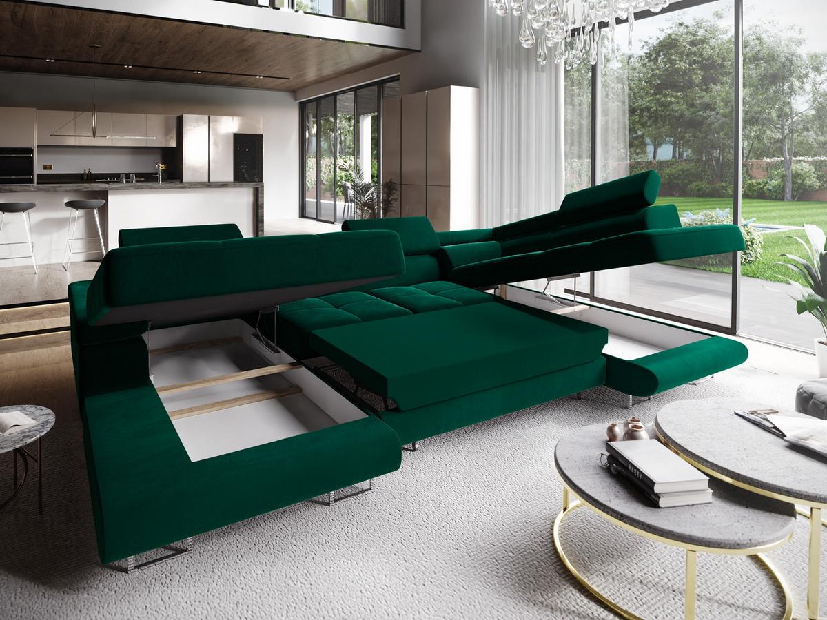WOHNLANDSCHAFT CASONE R-S Grün Velours-Stoff mit Schlaffunktion - Silberfarben/Grün, Holz/Textil (345/90/202cm) - MASSENO