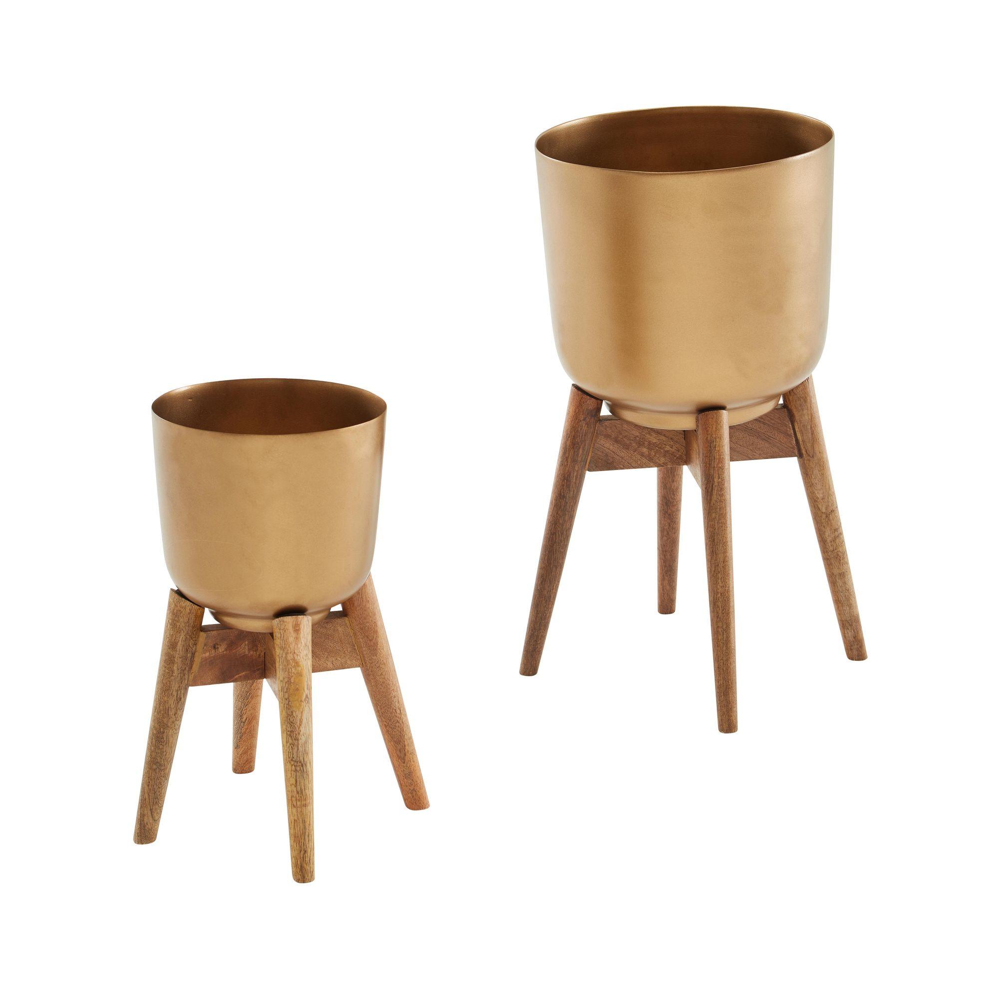 BLUMENTOPF 2er Set Metall und Massivholz Rund mit Füßen in Gold - Goldfarben, Holz (51cm) - KADIMA DESIGN