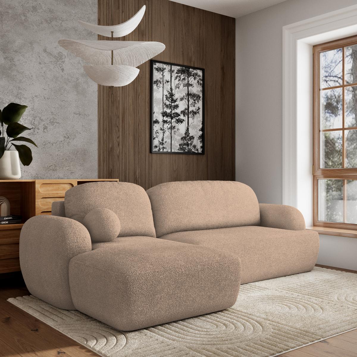 ECKSOFA MODENZA N L-S Beige Boucle-Stoff mit Schlaffunktion - Beige/Schwarz, Holz/Kunststoff (266/148cm) - MASSENO