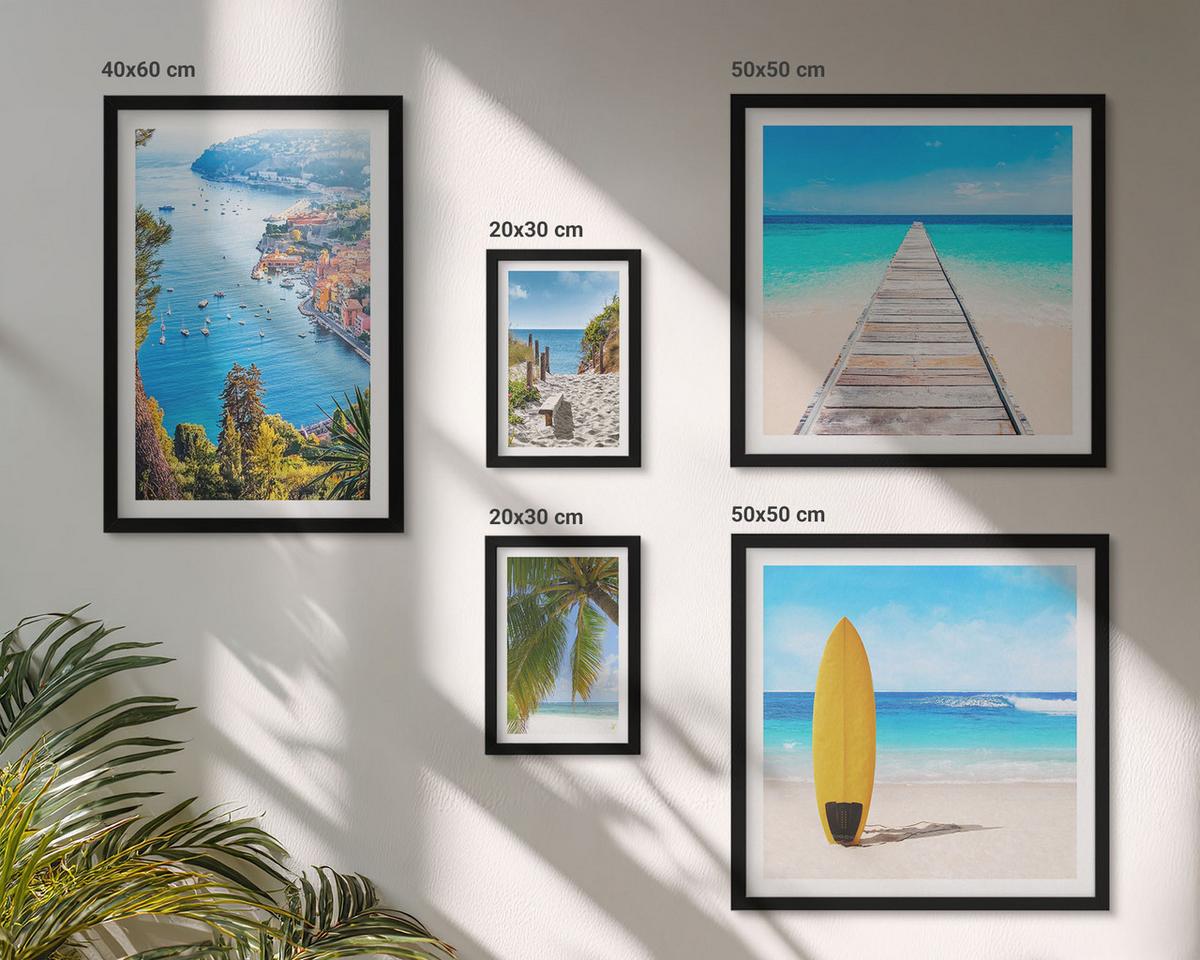 BILDER SET 5er Set - 50x50 cm & 20x30 cm & 40x60 cm Schwarzer Rahmen - Urlaubsblick Strand Palmen - Schwarz, Kunststoff (40/60cm) - TULUP