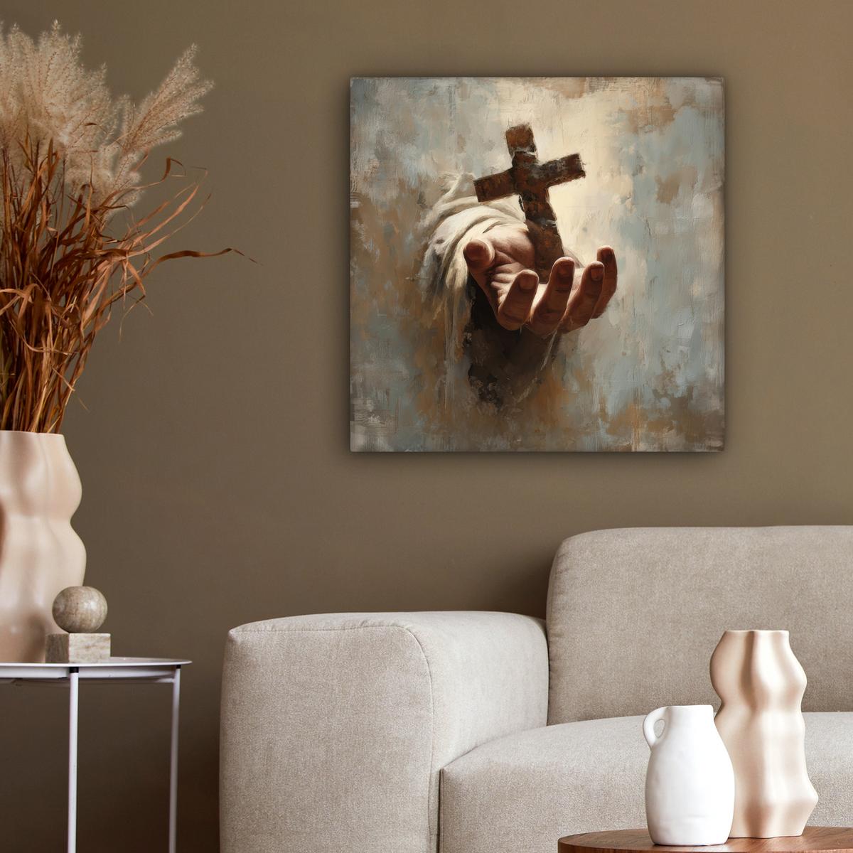 LEINWANDBILD Abstrakt - Kreuz - Hand - Christentum Wandbild Wohnzimmer 50x50 cm - Hellbraun, Textil (50/50cm) - MuchoWow