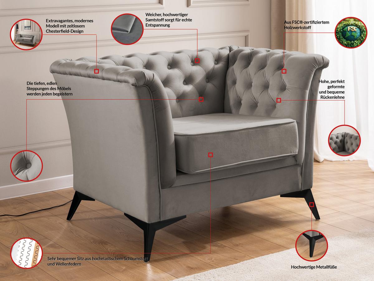 CHESTERFIELD-SESSEL Whitby Grau Samt mit schwarzen Füßen - Schwarz/Grau, Holz/Textil (116/78/82cm) - S-Style Möbel