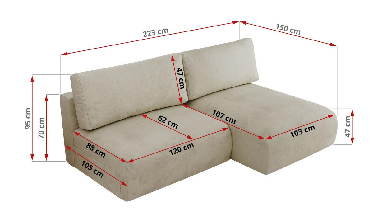 ECKSCHLAFSOFA VIVO L Beige Velvet - links - Beige/Schwarz, Kunststoff/Textil (223/150cm) - MKS