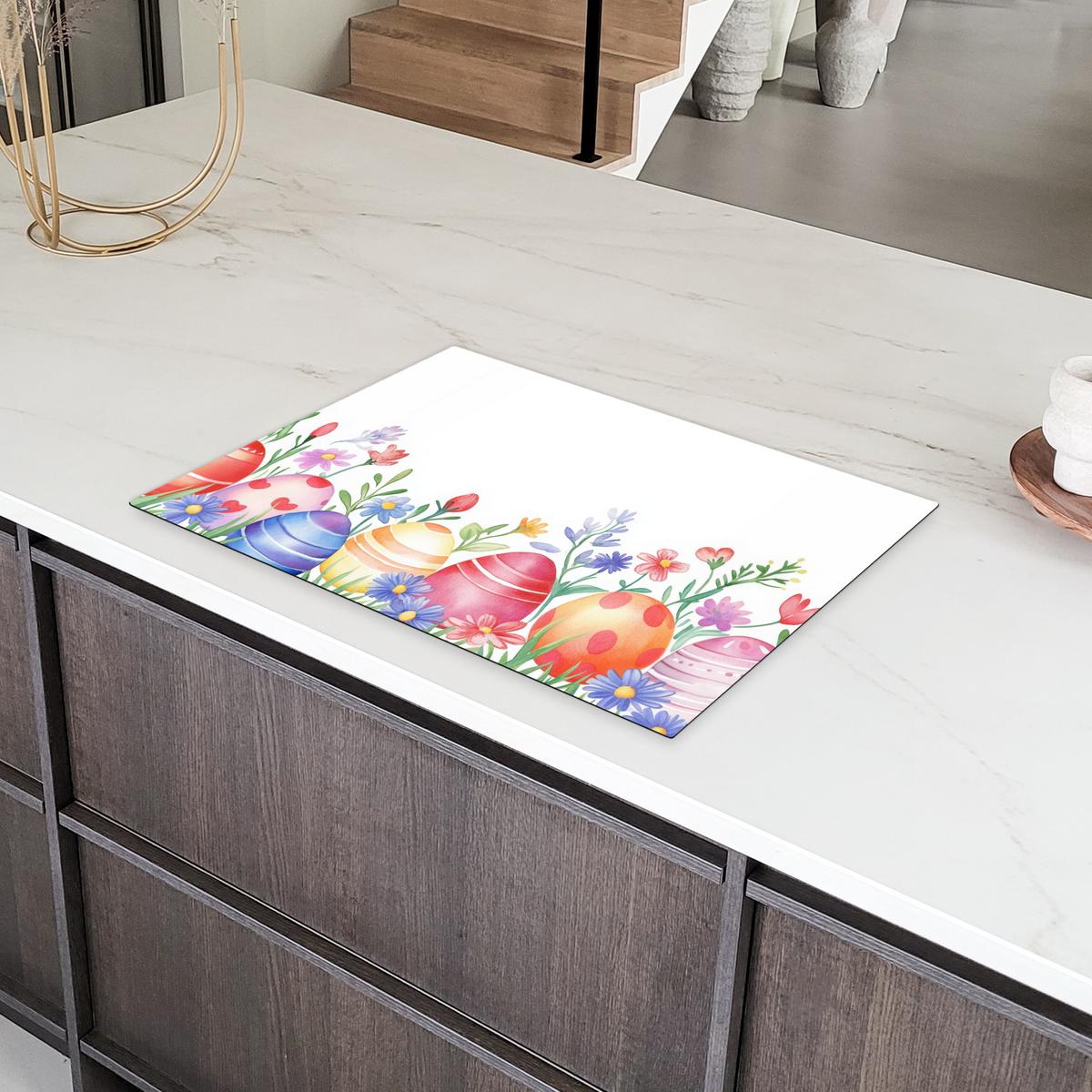 HERDABDECKPLATTE Blumengarten - Bunt - Eier Herdabdeckung Induktionsfeld 75x52 cm - Weiß, Kunststoff (75/52/0.2cm) - MuchoWow