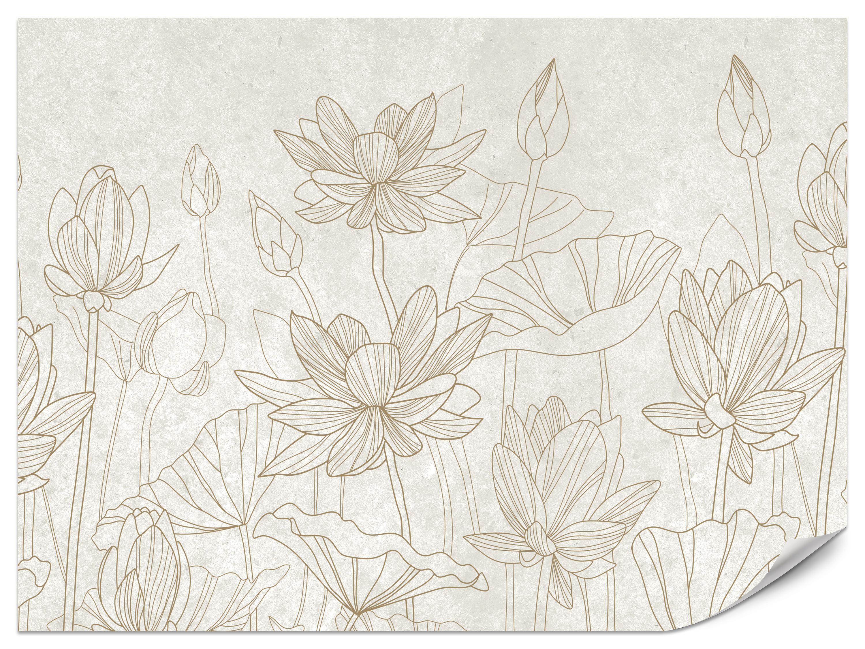FOTOTAPETE für Wohnzimmer Linienzeichnung Blumen Pflanzen Natur 100x70 - Beige, Papier (100/70cm) - Muralo
