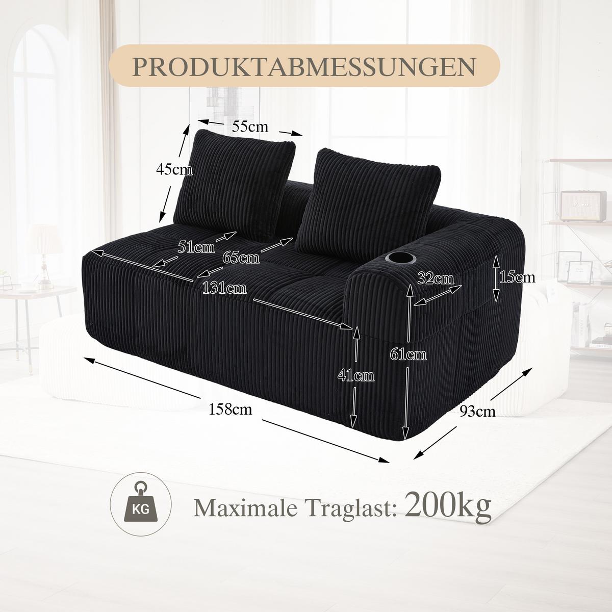 CHAISELONGUE in Cord Übergroßer Relaxsessel mit Seitentaschen - Schwarz, Textil (158/61/93cm) - Urban Meuble