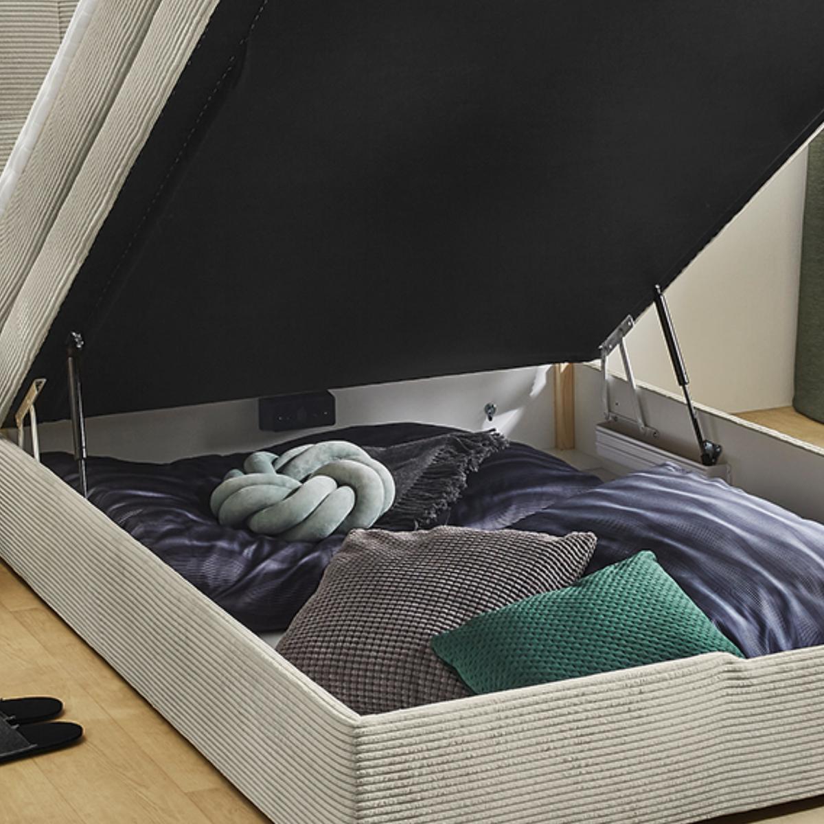 BOXSPRINGBETT 140x200 cm, 7-Zonen-Tonnentaschen-Federkernmatratze H3, Topper, Bonell-Federkern, großer Bettkasten, Cord Beige Grau / 20036 - Greige/Schwarz, Kunststoff/Textil (140/200cm) - luma-home