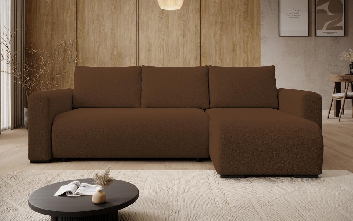 ECKSOFA DORA L, Eckcouch in L-Form mit Schlaffunktion und Bettkasten, Farbe: Braun, Bouclé-Stoff, Ottomane Rechts - Braun, Textil (240/143cm) - Storez24