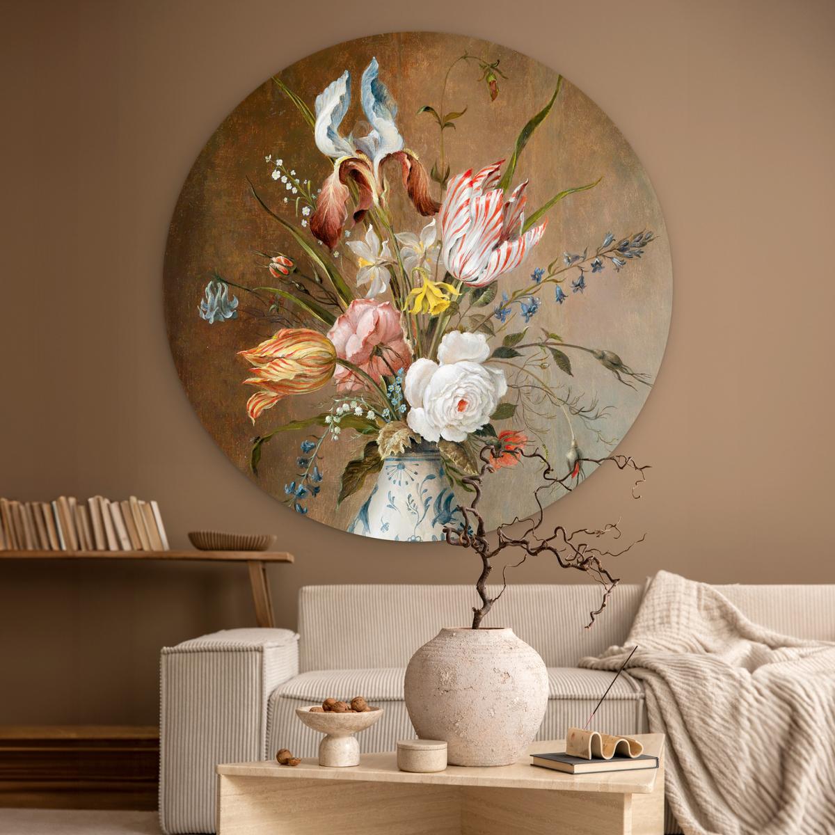 WANDBILD Stilleben mit Blumen - Balthasar van der Ast - Malerei Room Decor 140x140 cm - Sandfarben, Kunststoff (140/140cm) - MuchoWow