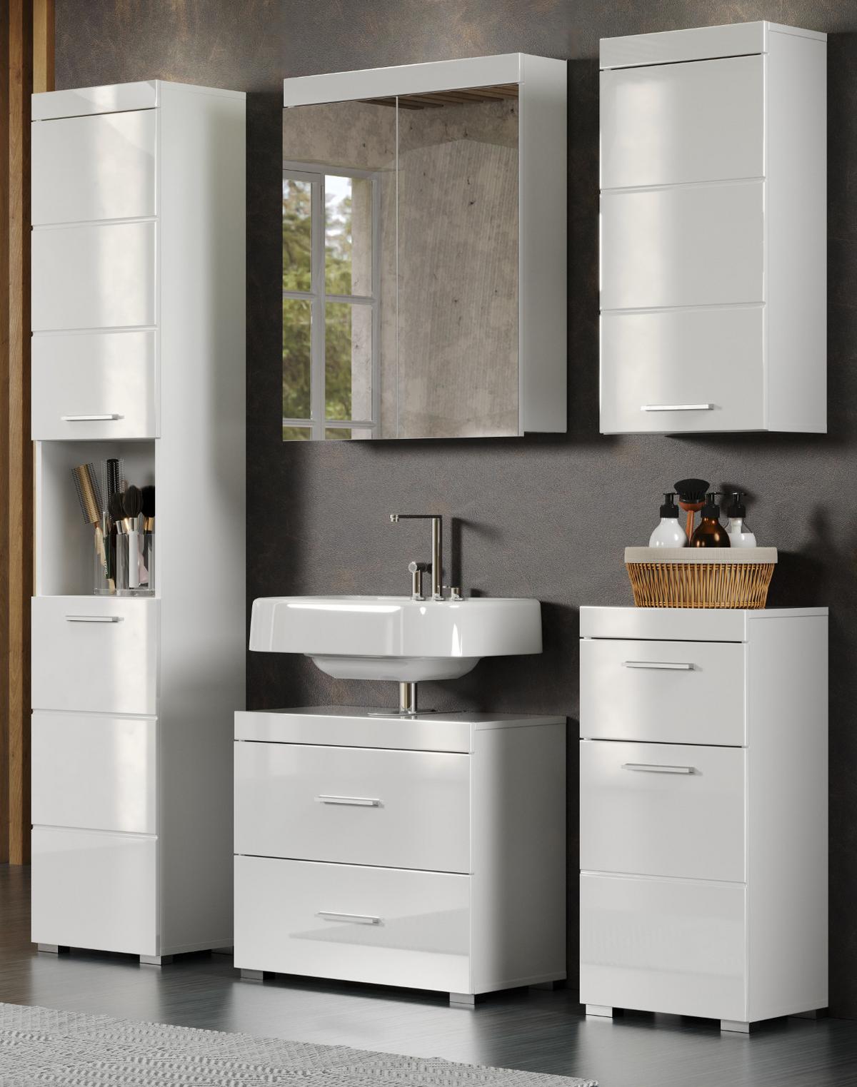 BADMÖBEL-SET weiß Hochglanz 5-teilig 163 x 190 cm, moderne Badezimmer-Schränke - Weiß Hochglanz/Alufarben, Glas/Holzwerkstoff (163/190/34cm) - Top.Furn