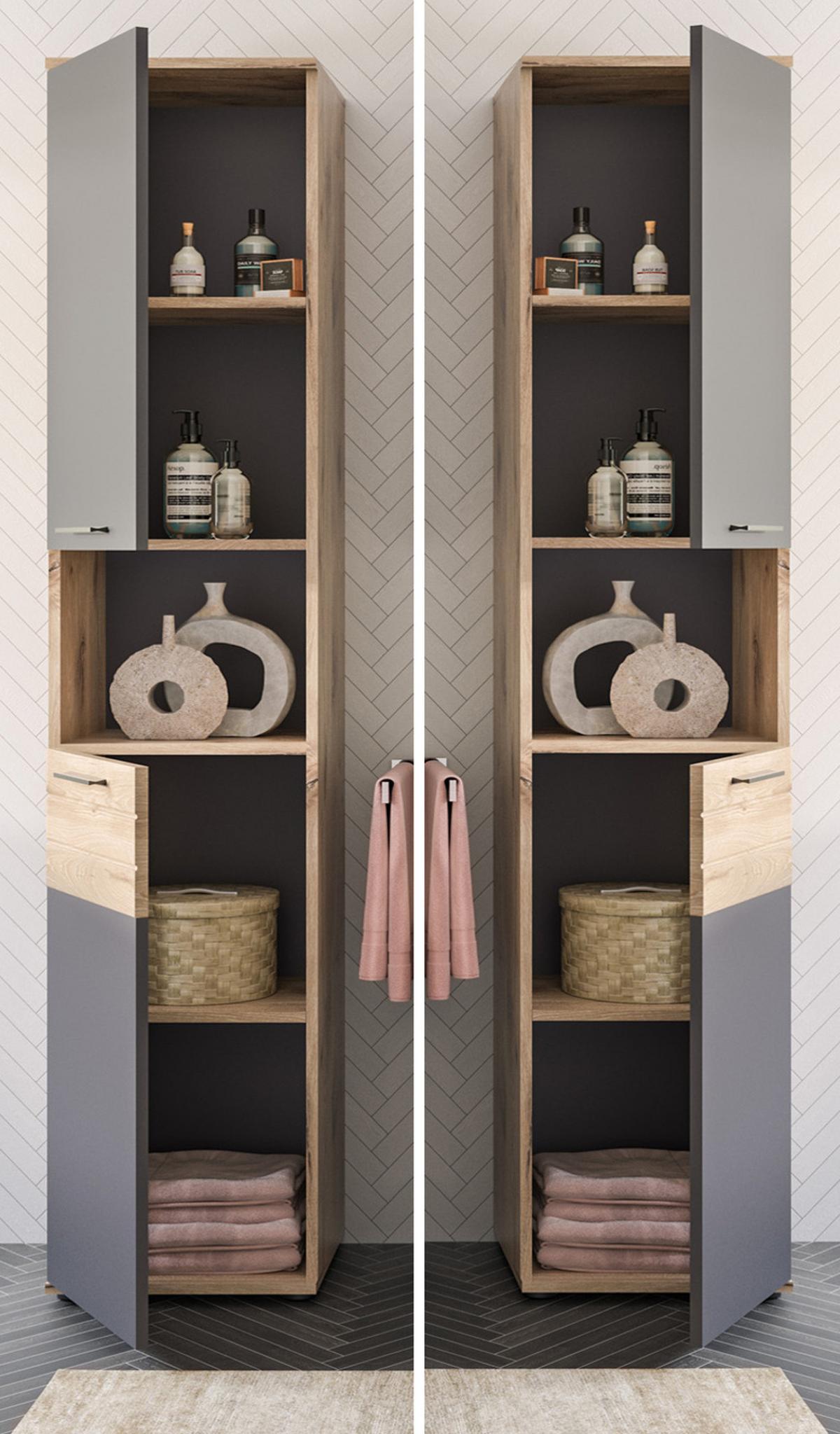 HOCHSCHRANK Eiche, grau 37 x 190 cm, Badschrank mit Soft-Close - Eichefarben/Schwarz, Holzwerkstoff/Kunststoff (37/190/34cm) - Inn.Furn