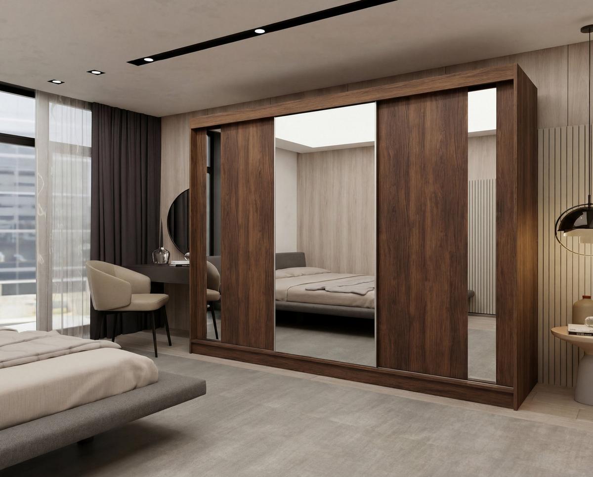 SCHWEBETÜRENSCHRANK GRAZIA 240/216/61 cm Modern Kleiderschrank 3-türig mit Spiegel Nussbaumfarben - Nussbaumfarben, Holzwerkstoff (240/216/61cm) - MASSENO