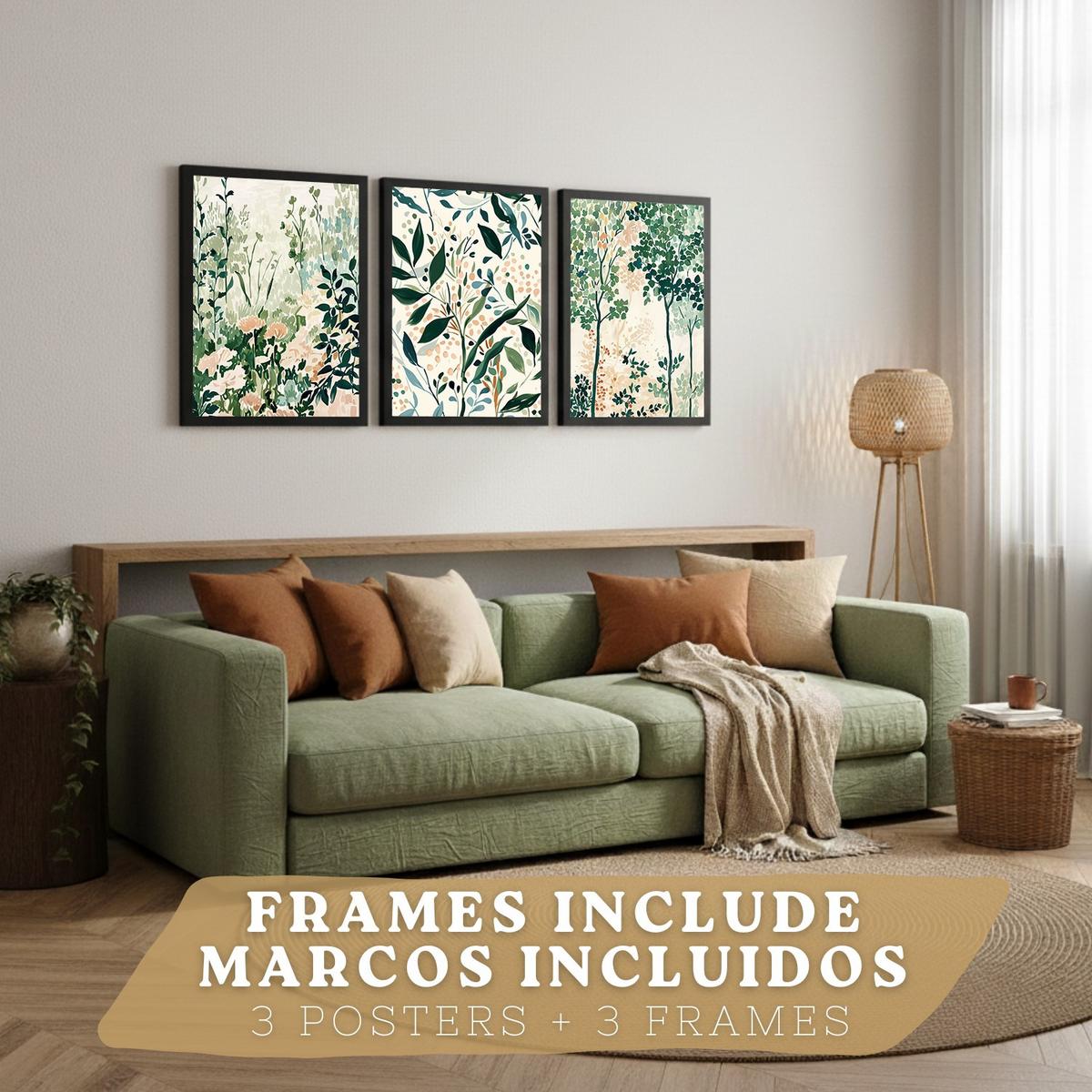 POSTER 3er-Set Wandbilder Floral Landschaft modern Wohnzimmer Deko, Schlafzimmer, Küche, Badezimmer Schwarzer Rahmen A3 - Schwarz, Papier (29.7/1/42cm) - Nacnic