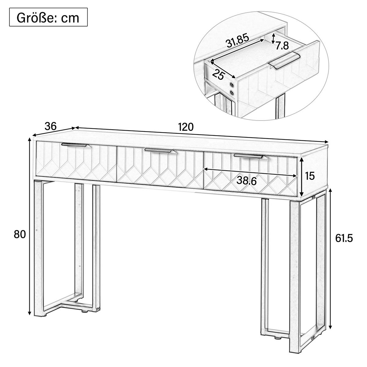 KONSOLENTISCH mdf in weiß & schwarz mit metallgestell, 3 schubladen & verstellbare fußpolster - Weiß, Holzwerkstoff (36/120/80cm) - Urban Meuble