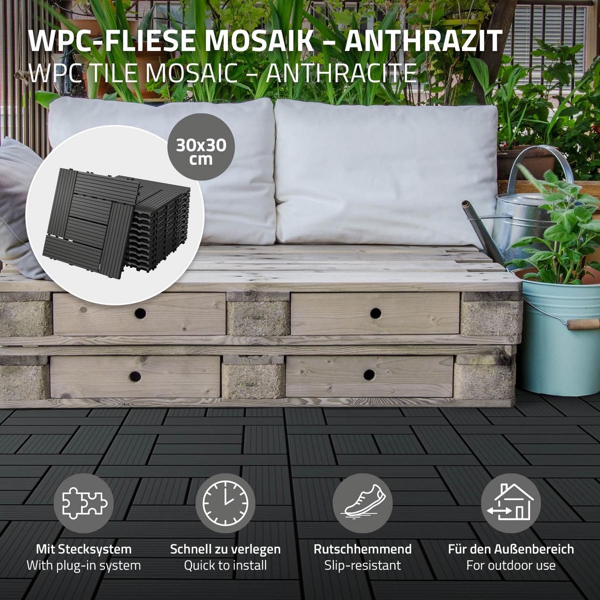 BODENPLATTE Mosaik 2er Set - Anthrazit, Holzwerkstoff (30/30/2cm) - ECD-Germany