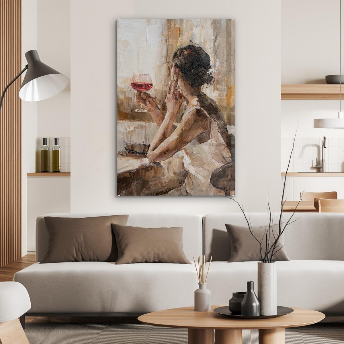 ACRYLGLASBILD Ölgemälde - Frau - Wein 80x120 cm - Hellbraun, Glas (80/120cm) - MuchoWow