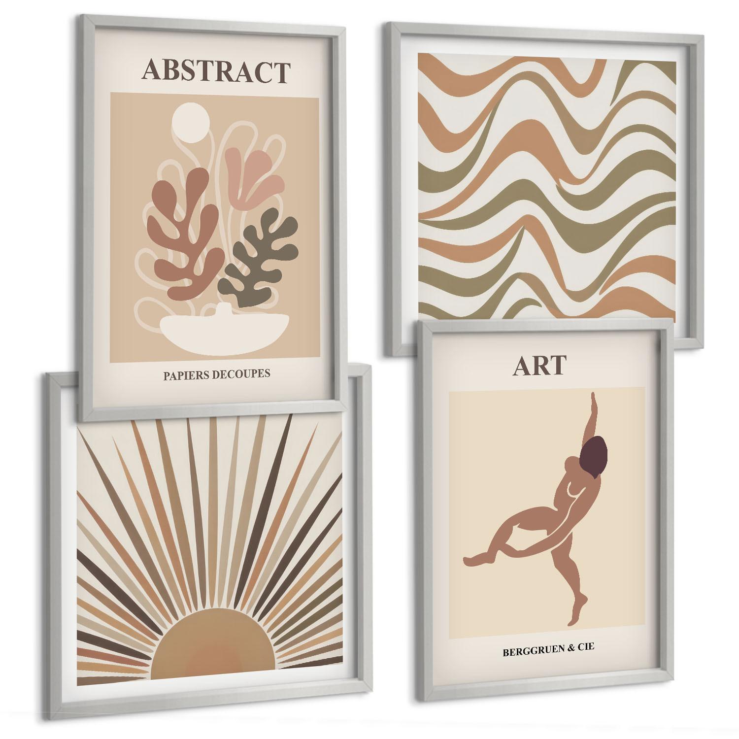 BILDER SET 4er Set - 50x50 cm & 40x60 cm Silberner Rahmen - Matisse Boho abstrakte Muster - Silberfarben, Kunststoff (50/50cm) - TULUP