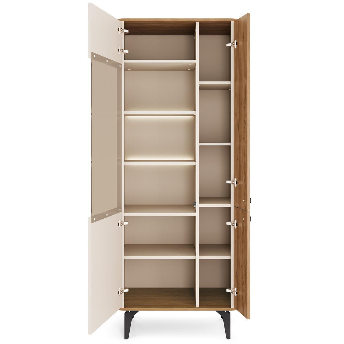 VITRINE Aurora Glasschrank mit Hartglas, mit LED-Beleuchtung, Nussbaum+Kaschmir - Kaschmir/Nussbaumfarben, Holzwerkstoff/Metall (73/190/40cm) - Beautysofa