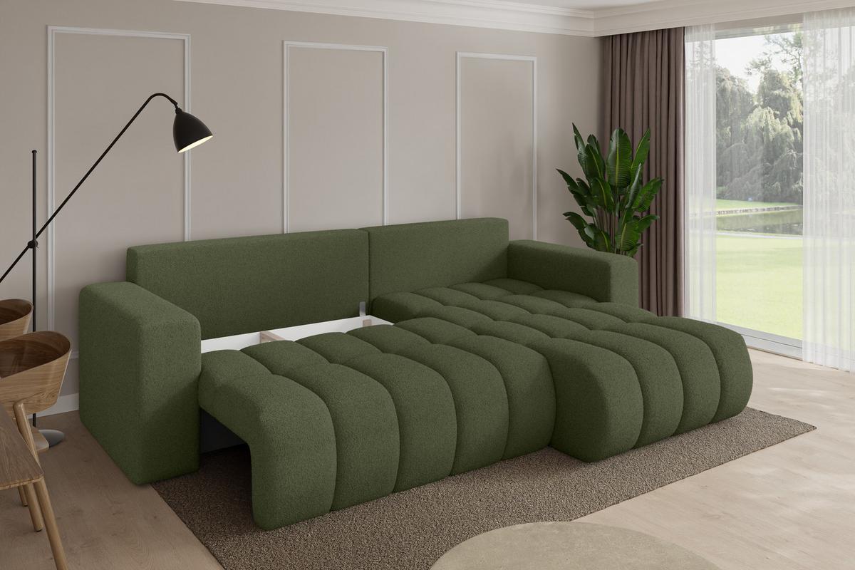 ECKSOFA mit Schlaffunktion Ottomane Rechts MILA-L-v1 277x195x86 Grün Bouclé - Schwarz/Olivgrün, Holzwerkstoff/Kunststoff (277/194cm) - ALTDECOR