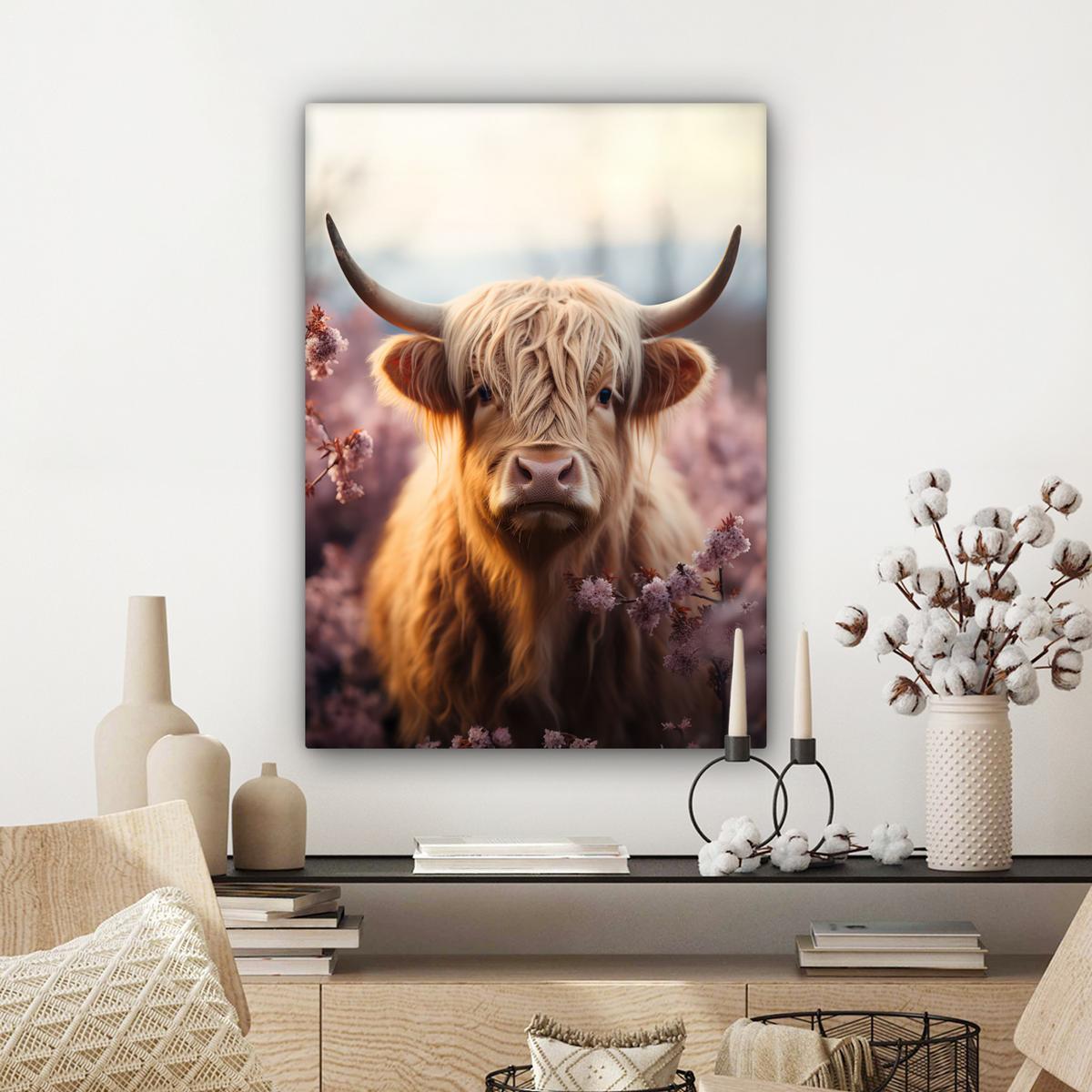 LEINWANDBILD Schottischer Hochländer - Frühling - Hochland Wandbild Wohnzimmer 60x80 cm - Hellrosa, Textil (60/80cm) - MuchoWow