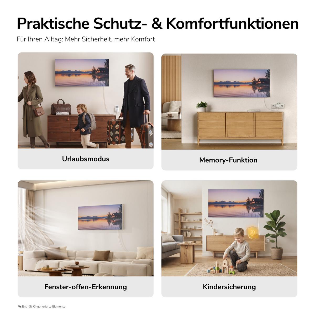 WANDKONVEKTOR Elektrisch mit dekorativem Landschaftsbild, Thermostat und WLAN App Steuerung, 119,5/59,5/1,8 cm - Weiß, Kunststoff/Metall (119.5/59.5/1.8cm) - EMKE
