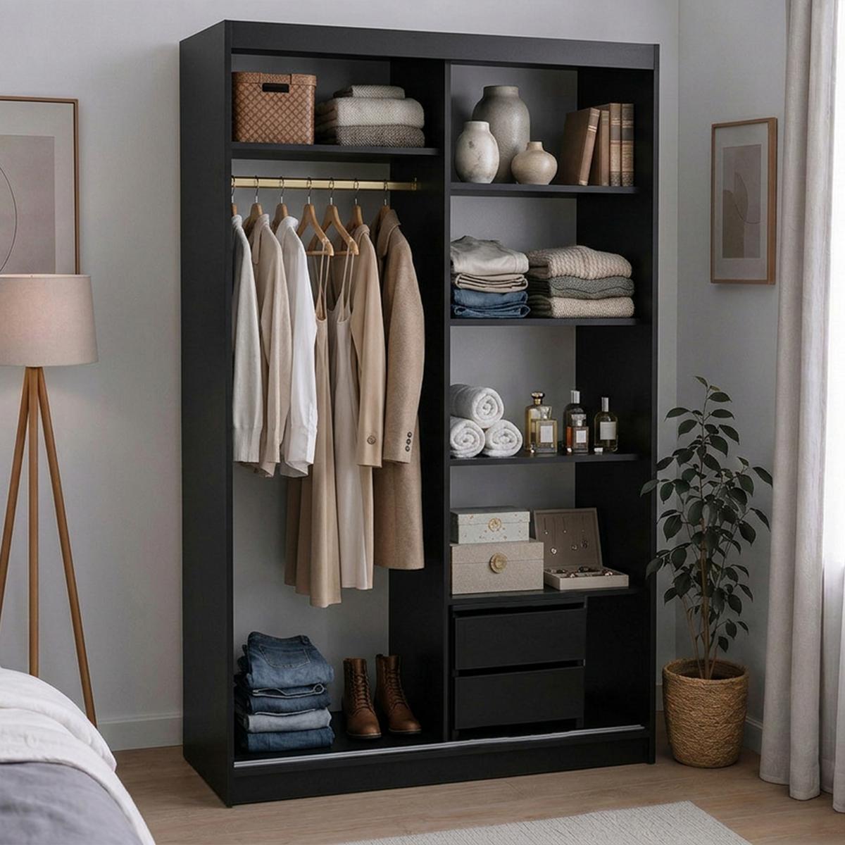 SCHWEBETÜRENSCHRANK Donatello mit 2 Türen und Schubkasteneinsatz, 120 cm, Schwarz+eiche Artisan - Schwarz/Eiche Artisan, Holzwerkstoff (120/205/60cm) - Beautysofa