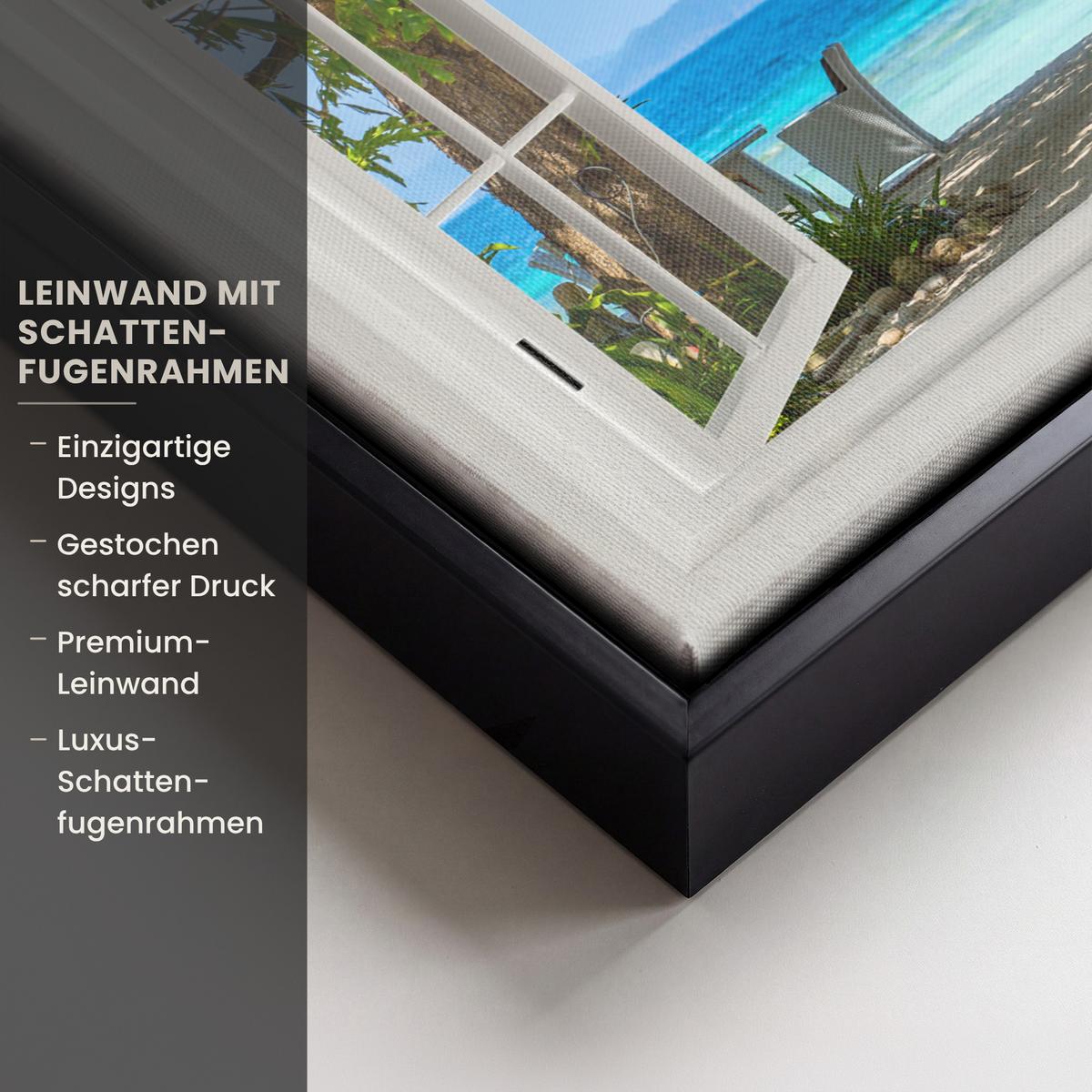 LEINWAND Bilder mit Rahmen - Aussicht - Baum - Meer - Palme - Hügel - Strand - Blau - 40x30 - Blau, Textil (40/30cm) - MuchoWow
