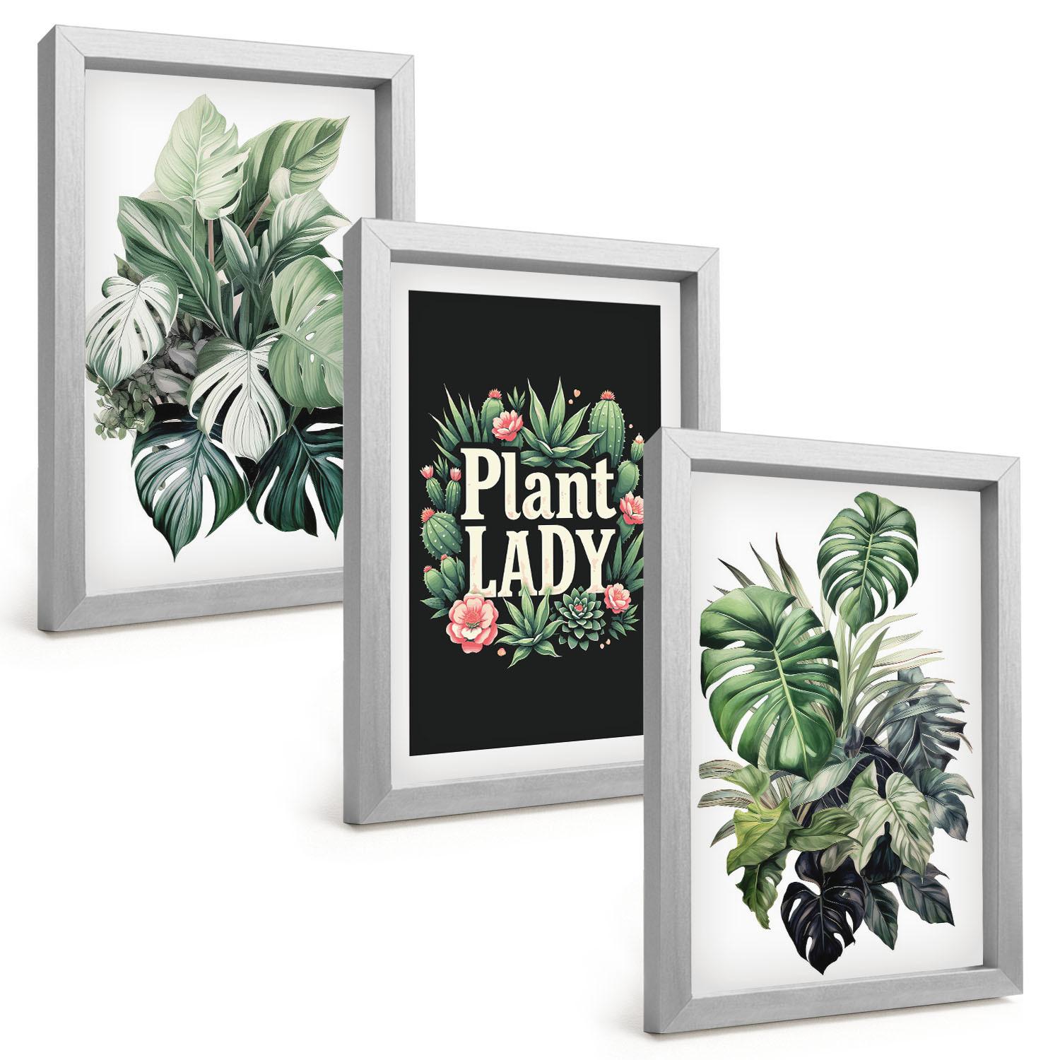 BILDER SET 3er Set - 20x30 cm Silberner Rahmen - Tropische Pflanzen, Pflanzenliebhaberin - Silberfarben, Kunststoff (20/30cm) - TULUP