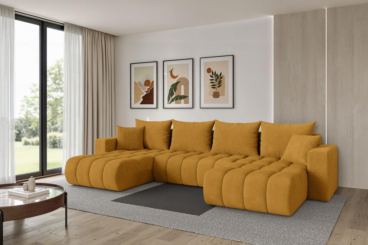 WOHNLANDSCHAFT mit Schlaffunktion und Bettkasten MILA-U-v1 378x194x86 Senfgelb Cord - Dunkelgelb/Schwarz, Holzwerkstoff/Kunststoff (378/86/194cm) - ALTDECOR