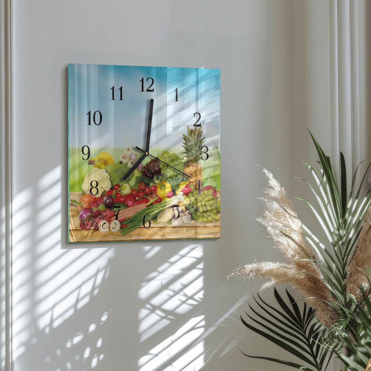 WANDUHR aus Glas 30x30 cm - Gemüse Obst - Multicolor, Glas (30/30/0.4cm) - TULUP
