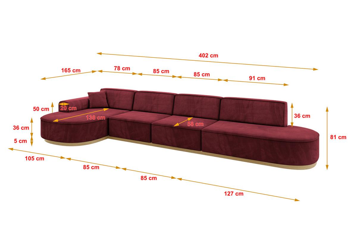 ECKSOFA Ottomane Links MARI-L3-v2 - 413x171x83 cm Bordeaux Velours - Bordeaux, Holzwerkstoff/Textil (413/171cm) - ALTDECOR