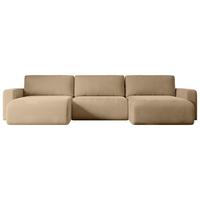 WOHNLANDSCHAFT mit Schlaffunktion und Bettkasten KLEEA-U - 347x143x83 cm Beige Velours - Beige/Schwarz, Holzwerkstoff/Kunststoff (347/83/143cm) - ALTDECOR