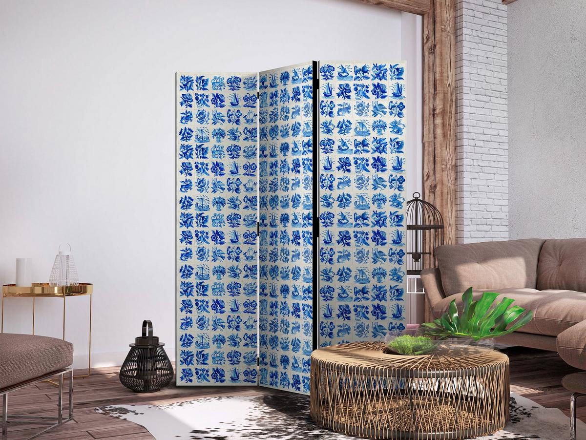 PARAVENT Akustik 3-tlg 135x172 cm blaue Pflanzen - Blau, Holz/Textil (135/172/3cm) - Muralo