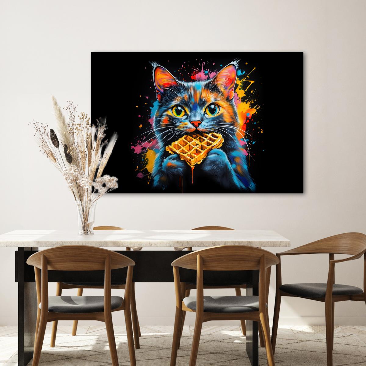 LEINWANDBILD Katze - Graffiti - Bunt - Waffel - Essen Wohnzimmer Groß 120x80 cm - Türkis, Textil (120/80cm) - MuchoWow