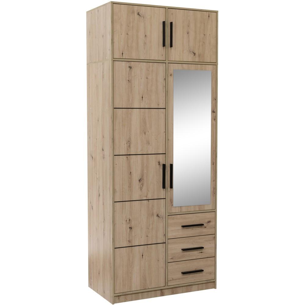 DREHTÜRENSCHRANK Kavo mit Aufsatz, Spiegel und 2 Türen, eiche Artisan - Schwarz/Eiche Artisan, Holzwerkstoff (100/245/58cm) - Beautysofa
