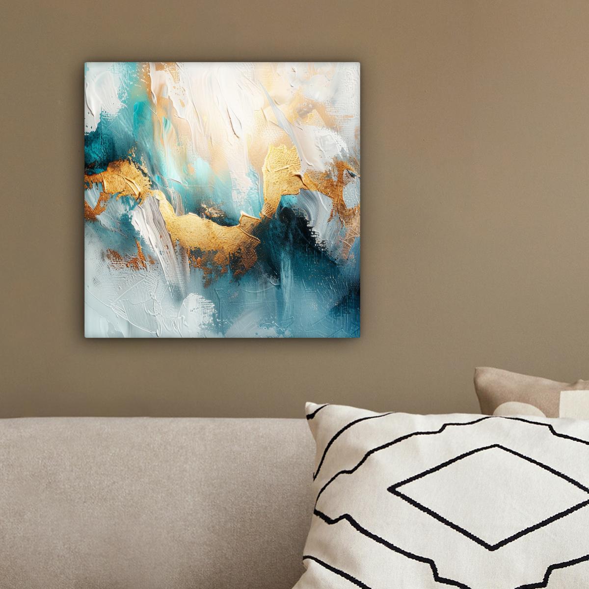 LEINWANDBILD Abstrakt - Kunst - Gold - Blau Deko Wohnzimmer 20x20 cm - Petrol, Textil (20/20cm) - MuchoWow