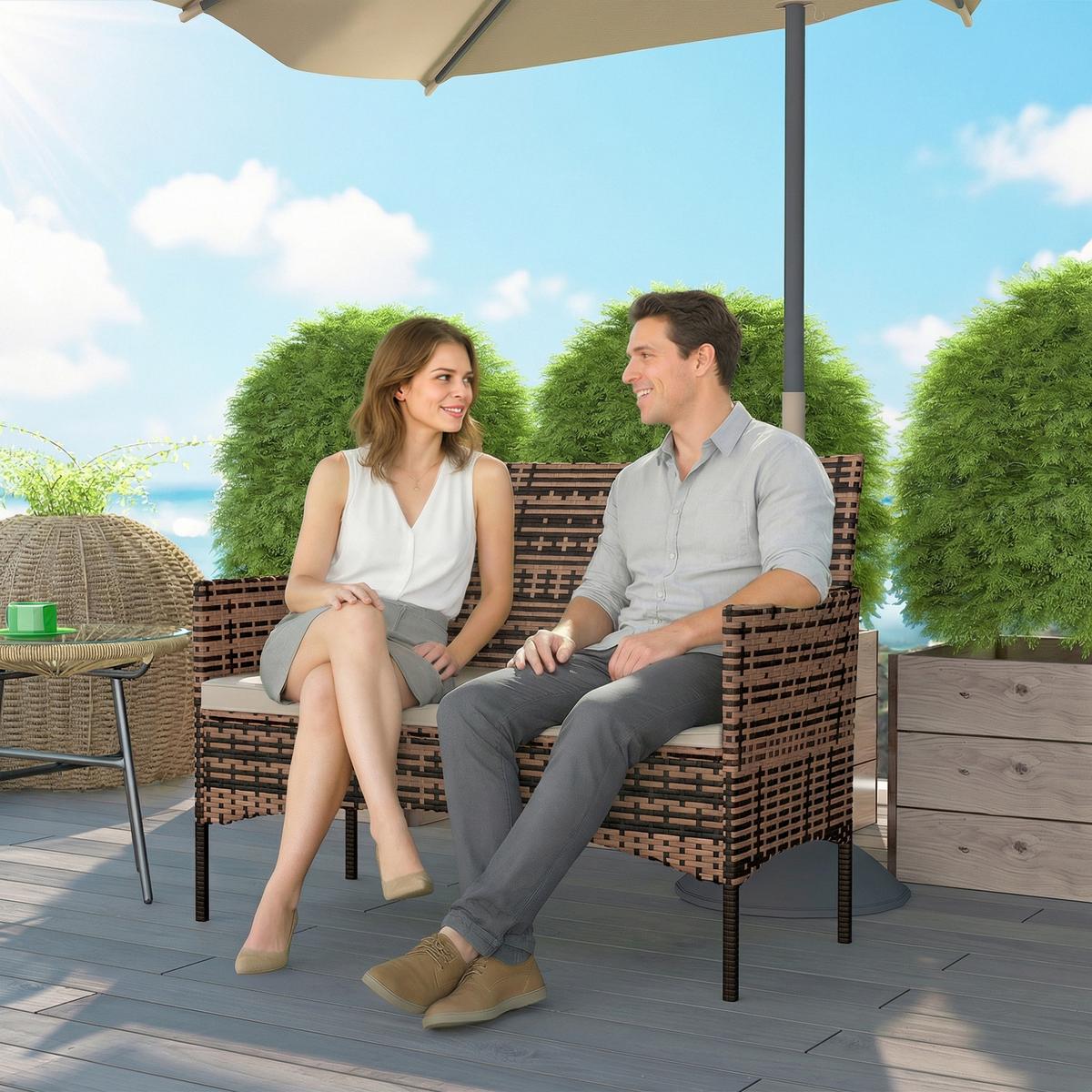 GARTENBANK aus PE-Rattan mit Auflage, Khaki - Beige/Braun, Textil/Metall (63/85/115cm) - Outsunny